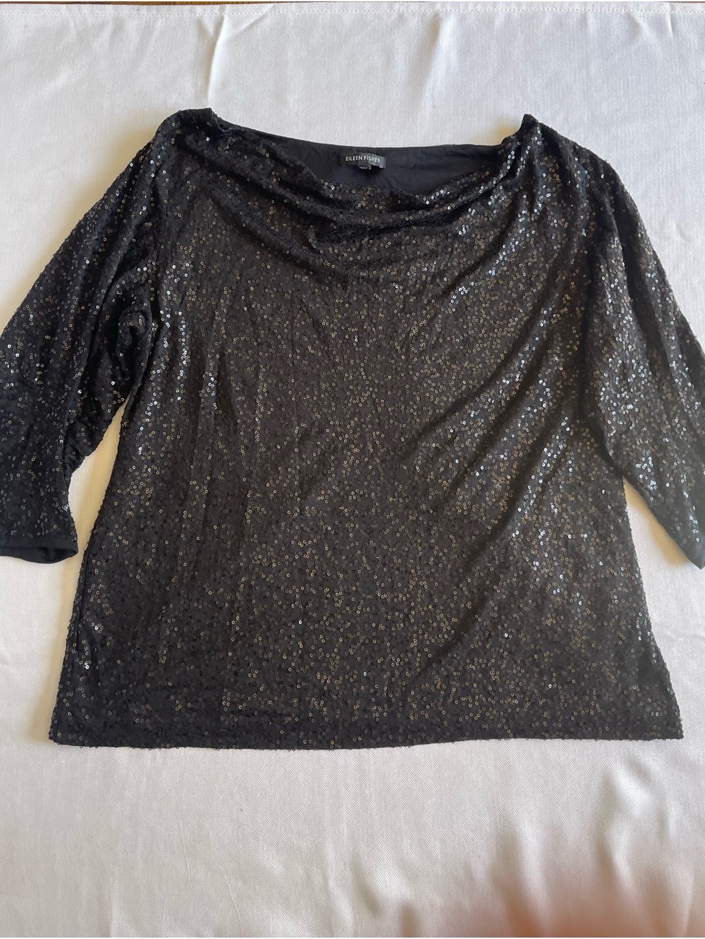 Eileen Fisher Black Sequin Silk Knit Cowl Neck 3/4 Sleeve Top Women's L